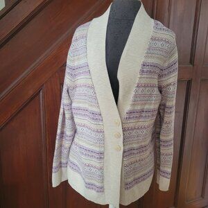 Eddie Bauer Womens 2XL Beige & Purple Patterned Cardigan Sweater